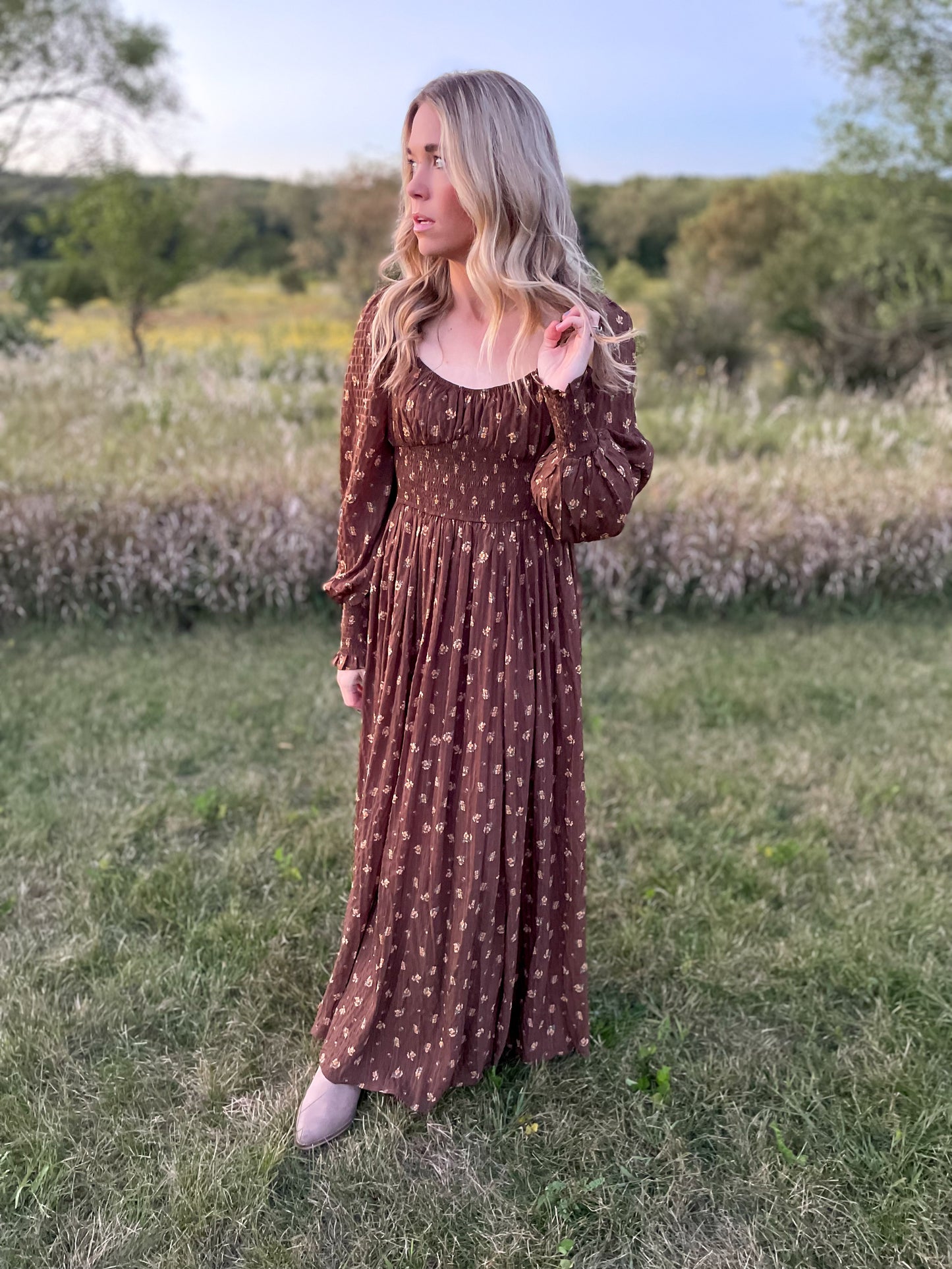 The Charlotte Floral Sweetheart Maxi Dress Chestnut