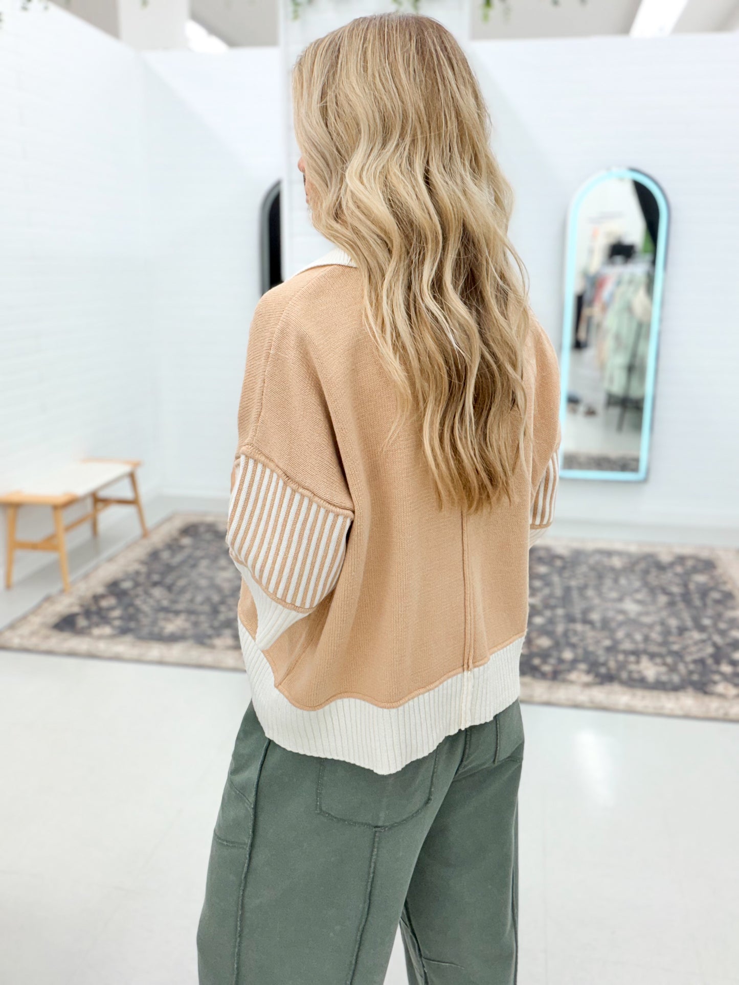 From Here Half Sleeve Split Collar Sweater Top Taupe