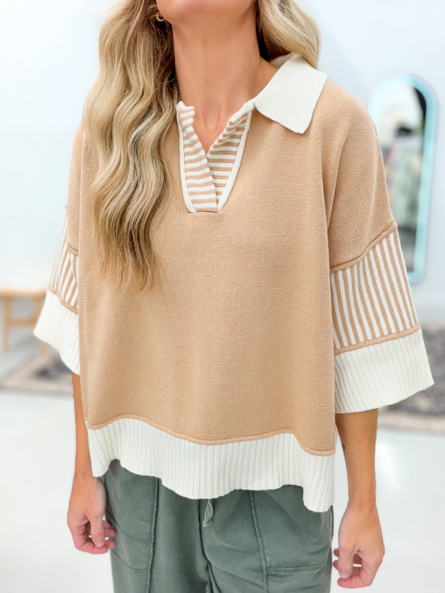 From Here Half Sleeve Split Collar Sweater Top Taupe