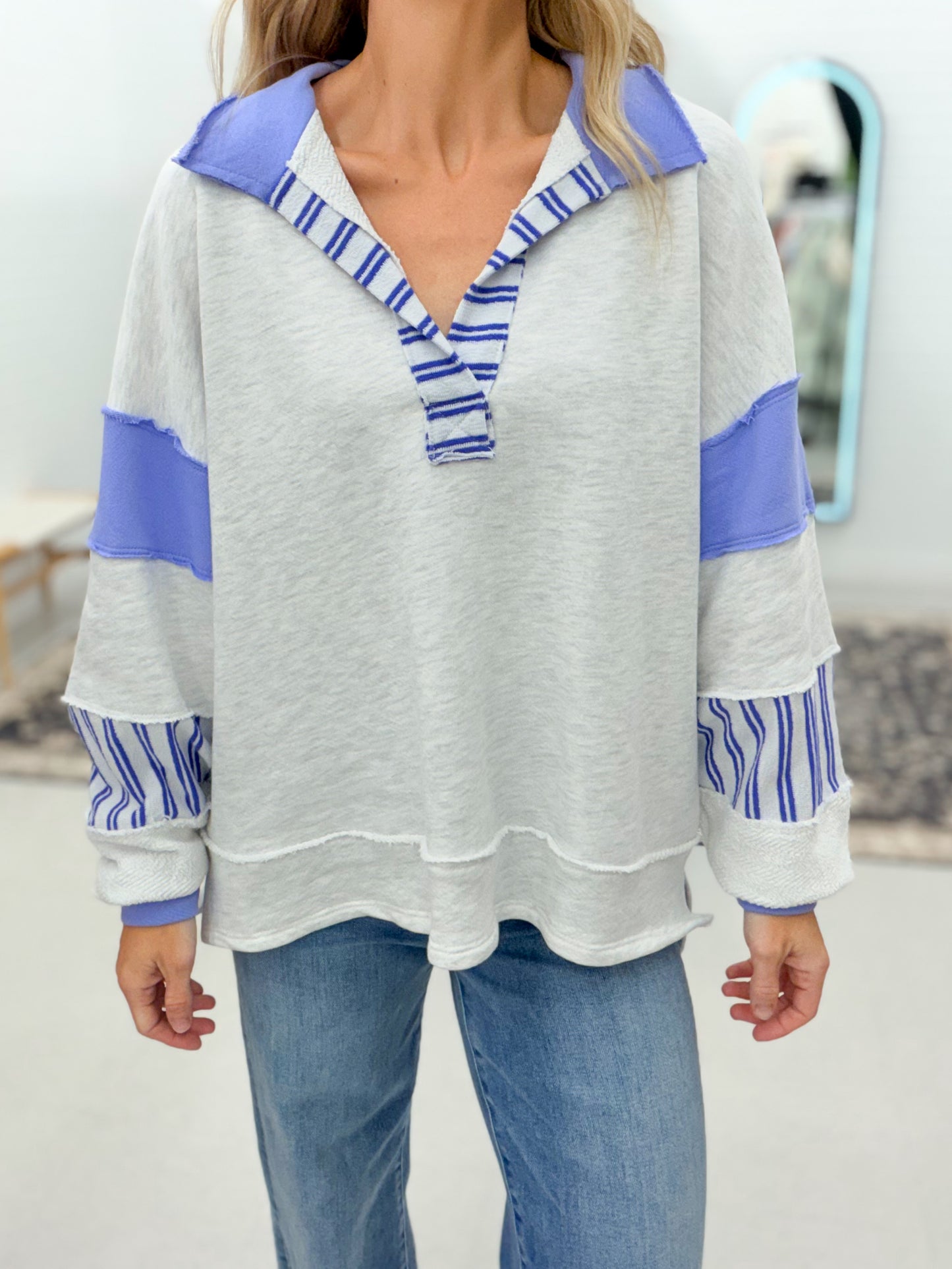 Seaside Color Block Collared French Terry Pullover Iris Blue/Ash Gray