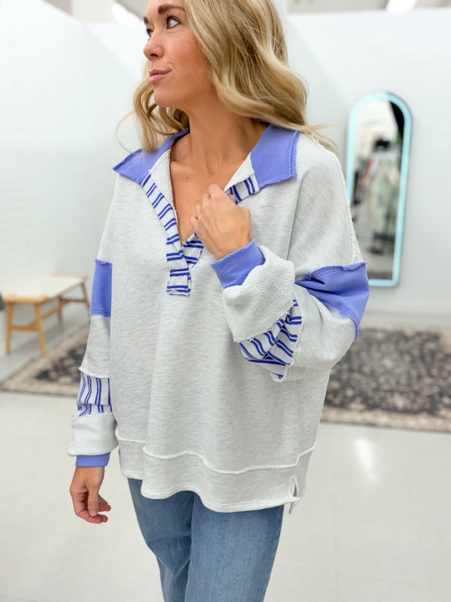 Seaside Color Block Collared French Terry Pullover Iris Blue/Ash Gray