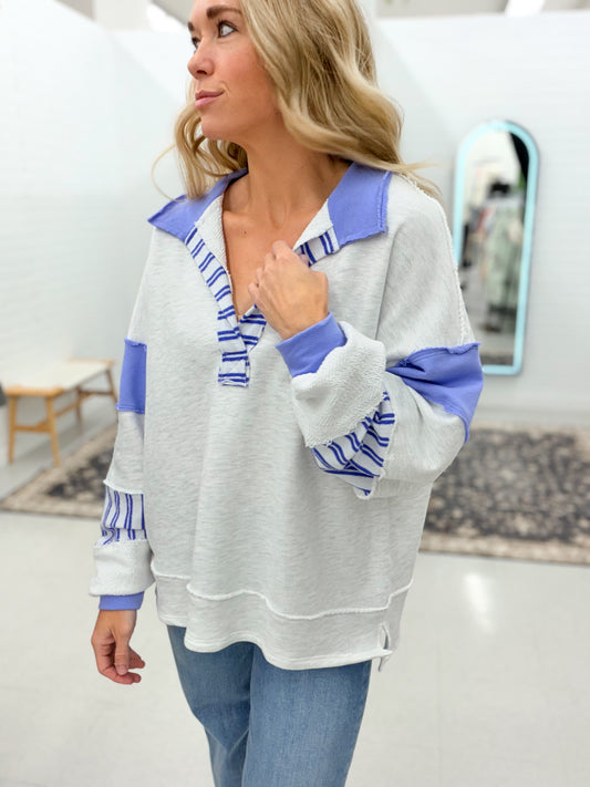 Seaside Color Block Collared French Terry Pullover Iris Blue/Ash Gray