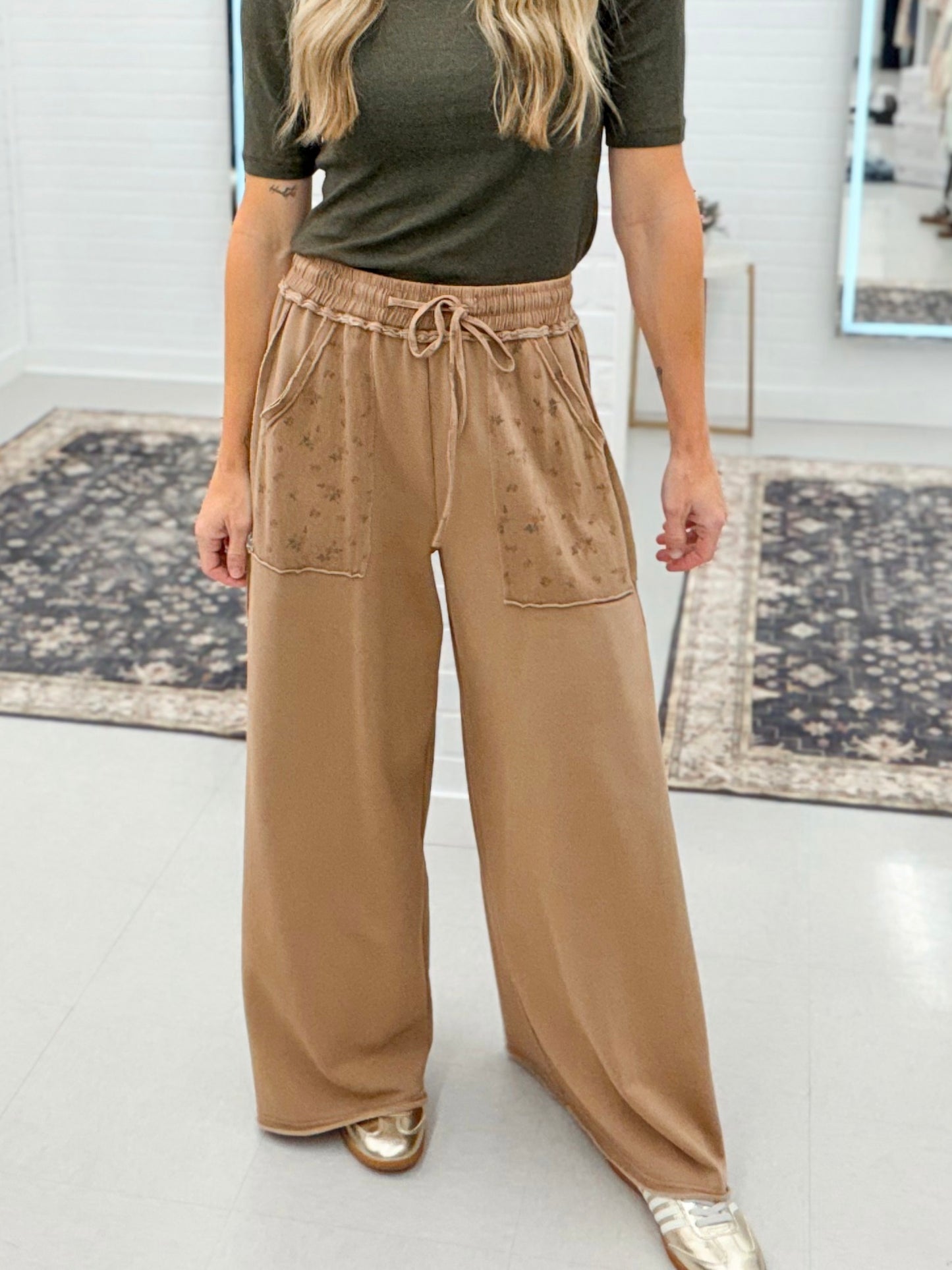 Around You Floral Print Washed Wide Leg Pants Mocha
