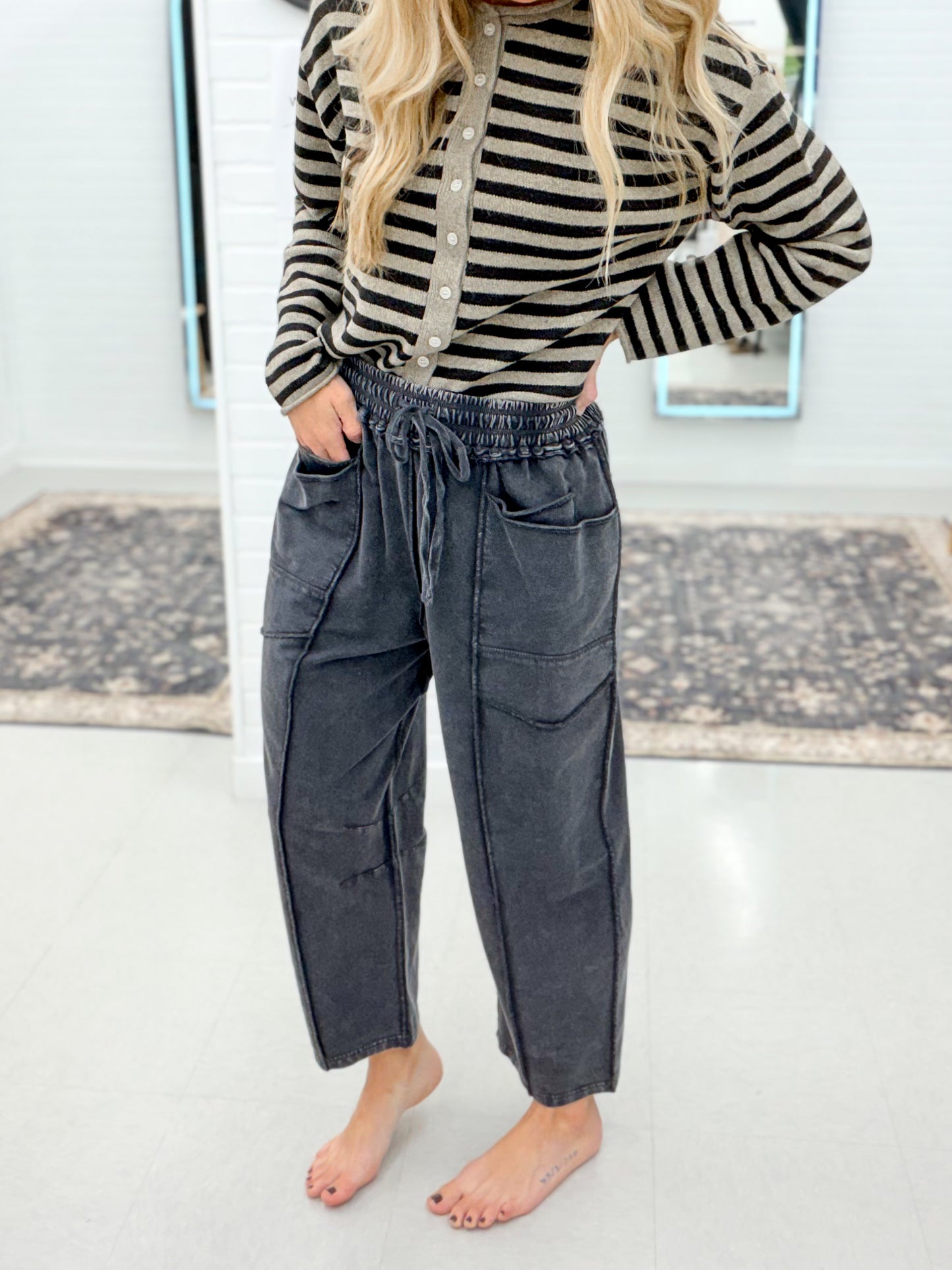 On Time Mineral Wash Terry Knit Barrel Pants Black