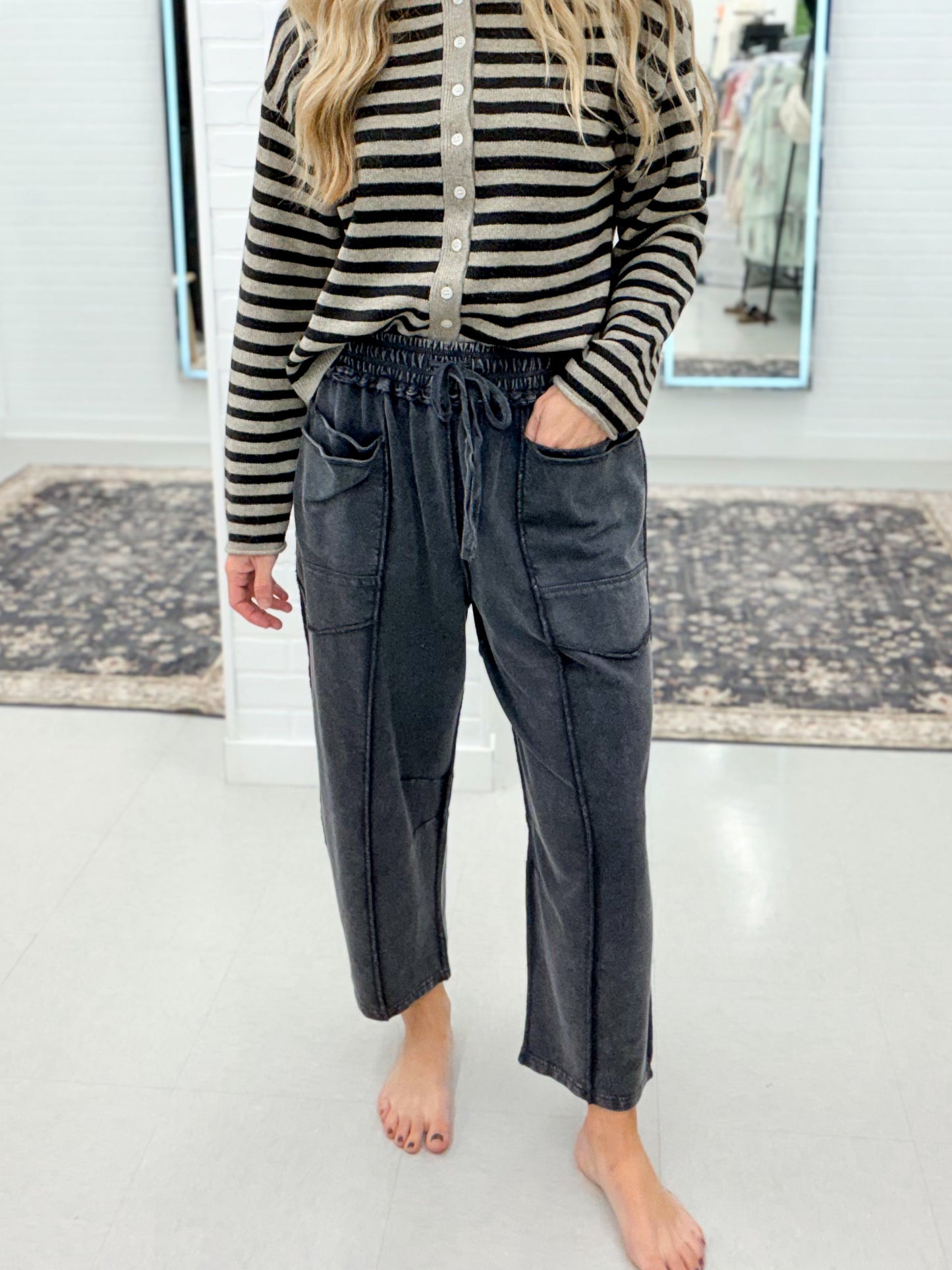 On Time Mineral Wash Terry Knit Barrel Pants Black