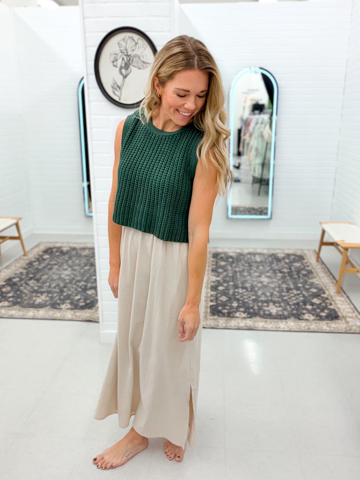 Slow Down Sweater Twofer Midi Dress Forest Green