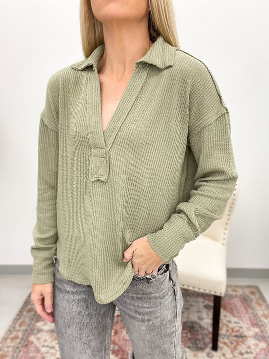 Best Day Split Neck Ribbed Top Light Olive