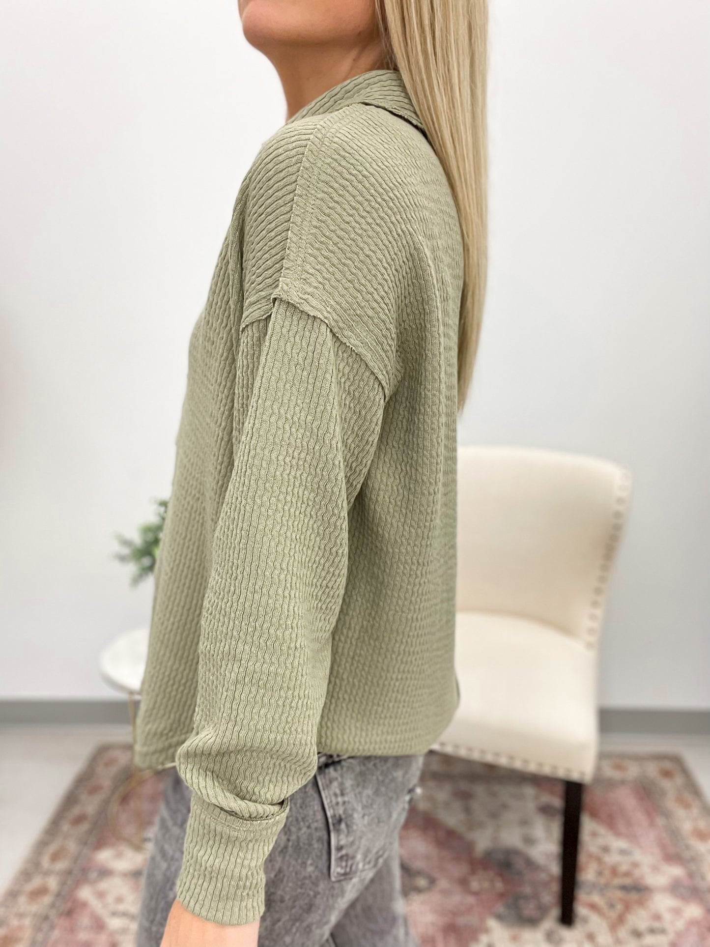 Best Day Split Neck Ribbed Top Light Olive