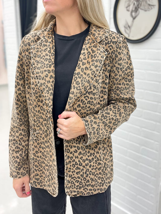 You Name It Washed Denim Leopard Blazer