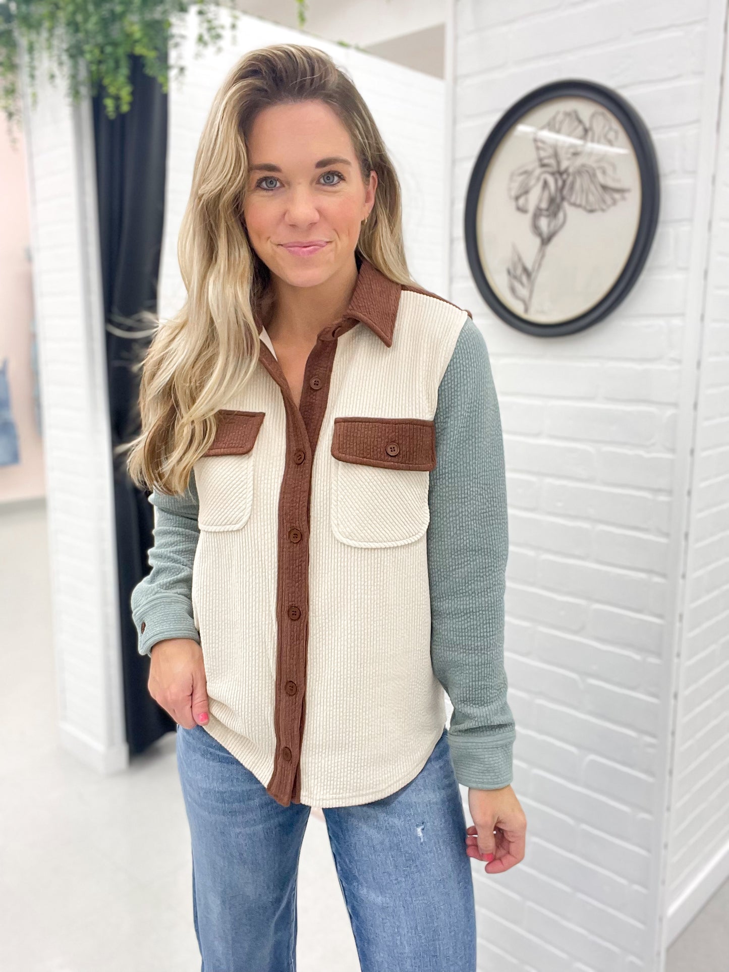 Part Ways Ribbed Color Block Button Up Shirt Jacket Ivory