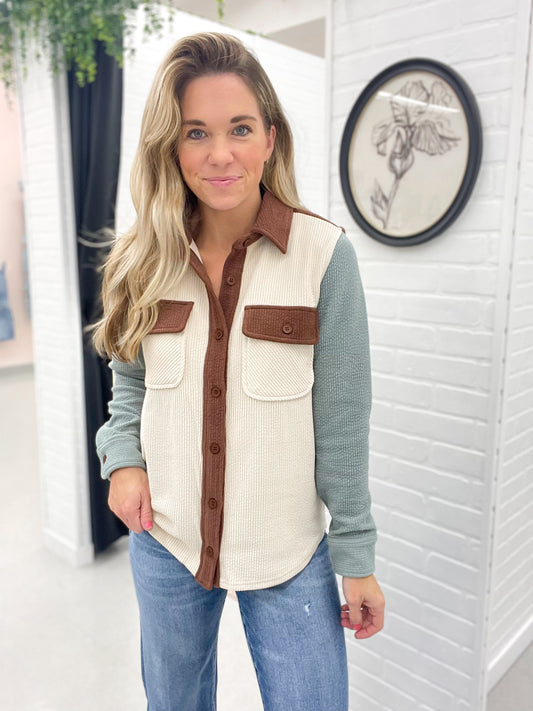 Part Ways Ribbed Color Block Button Up Shirt Jacket Ivory