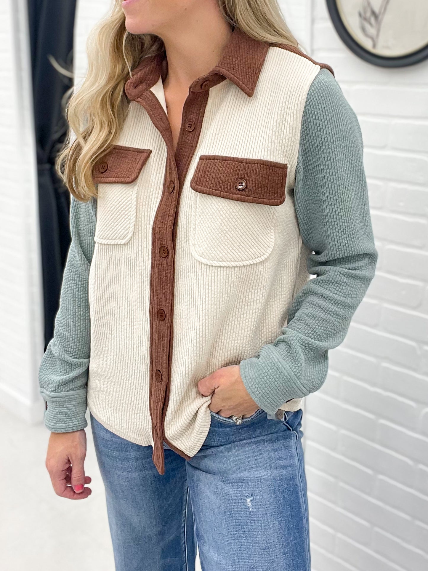 Part Ways Ribbed Color Block Button Up Shirt Jacket Ivory