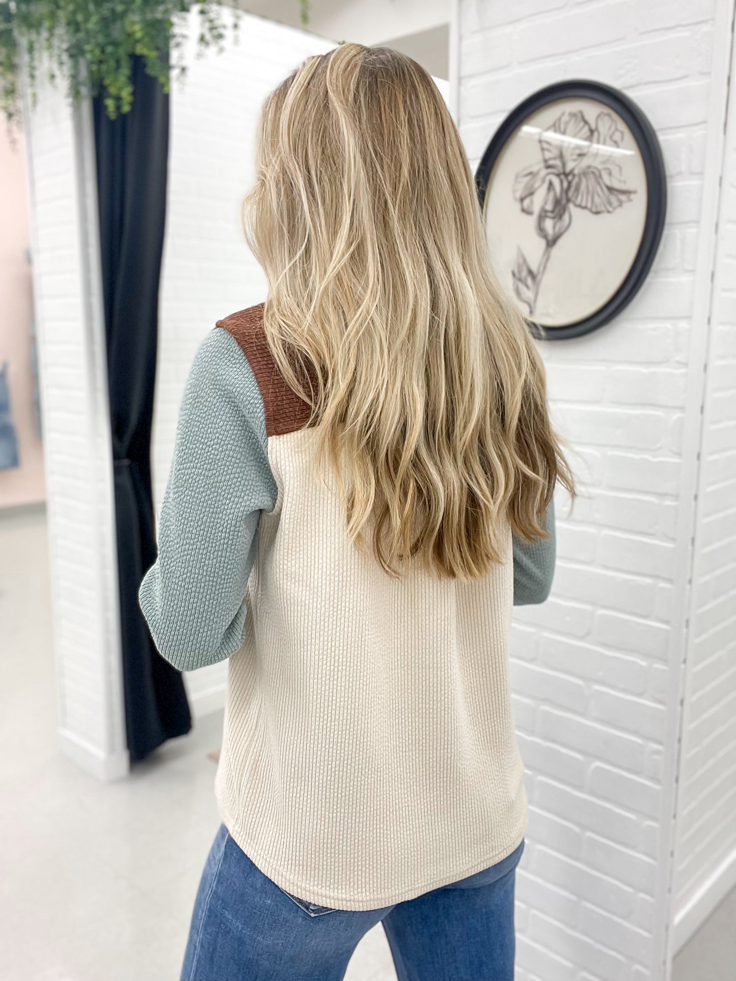 Part Ways Ribbed Color Block Button Up Shirt Jacket Ivory