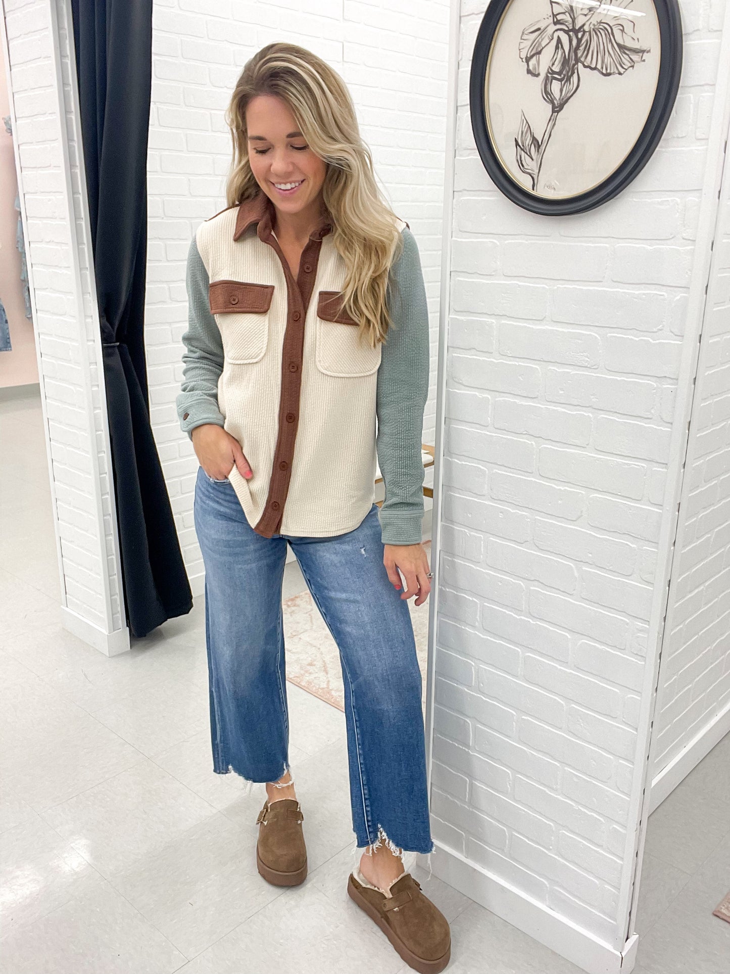 Part Ways Ribbed Color Block Button Up Shirt Jacket Ivory