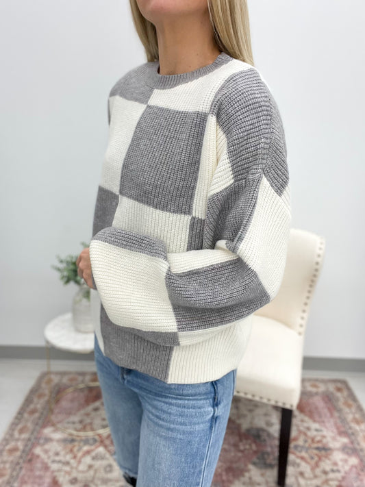 Faster Than You Checker Print Sweater Gray