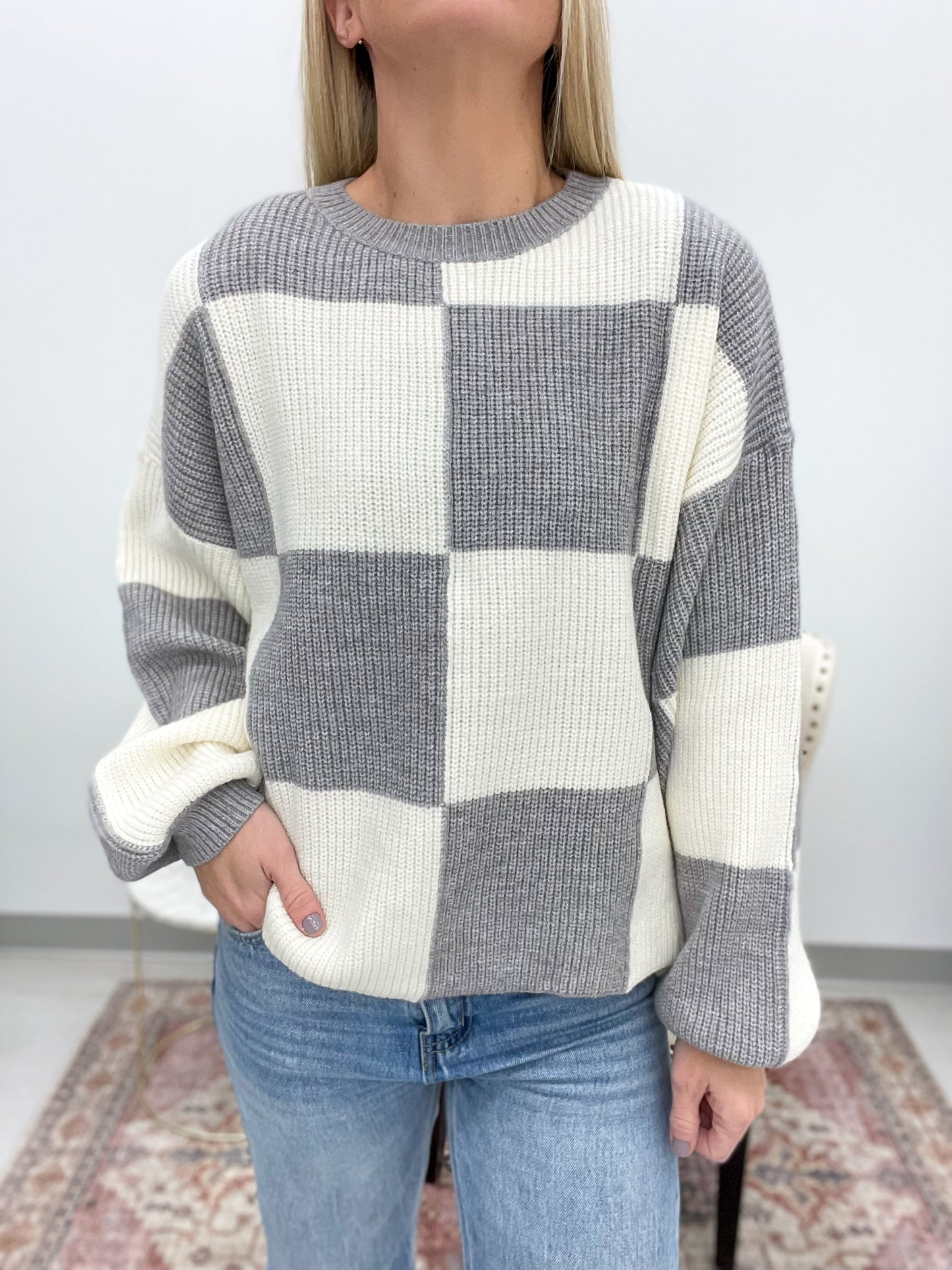 Faster Than You Checker Print Sweater Gray