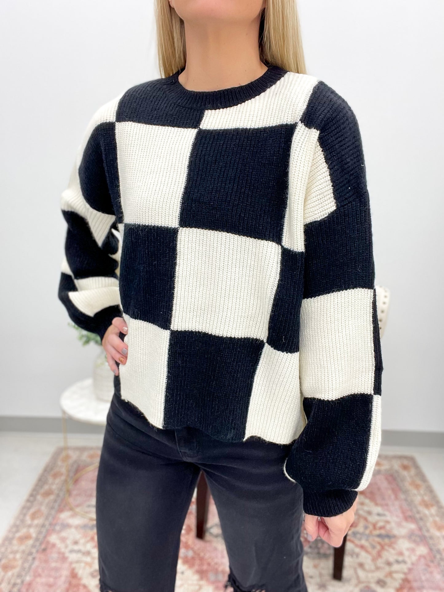 Faster Than You Checker Print Sweater Black