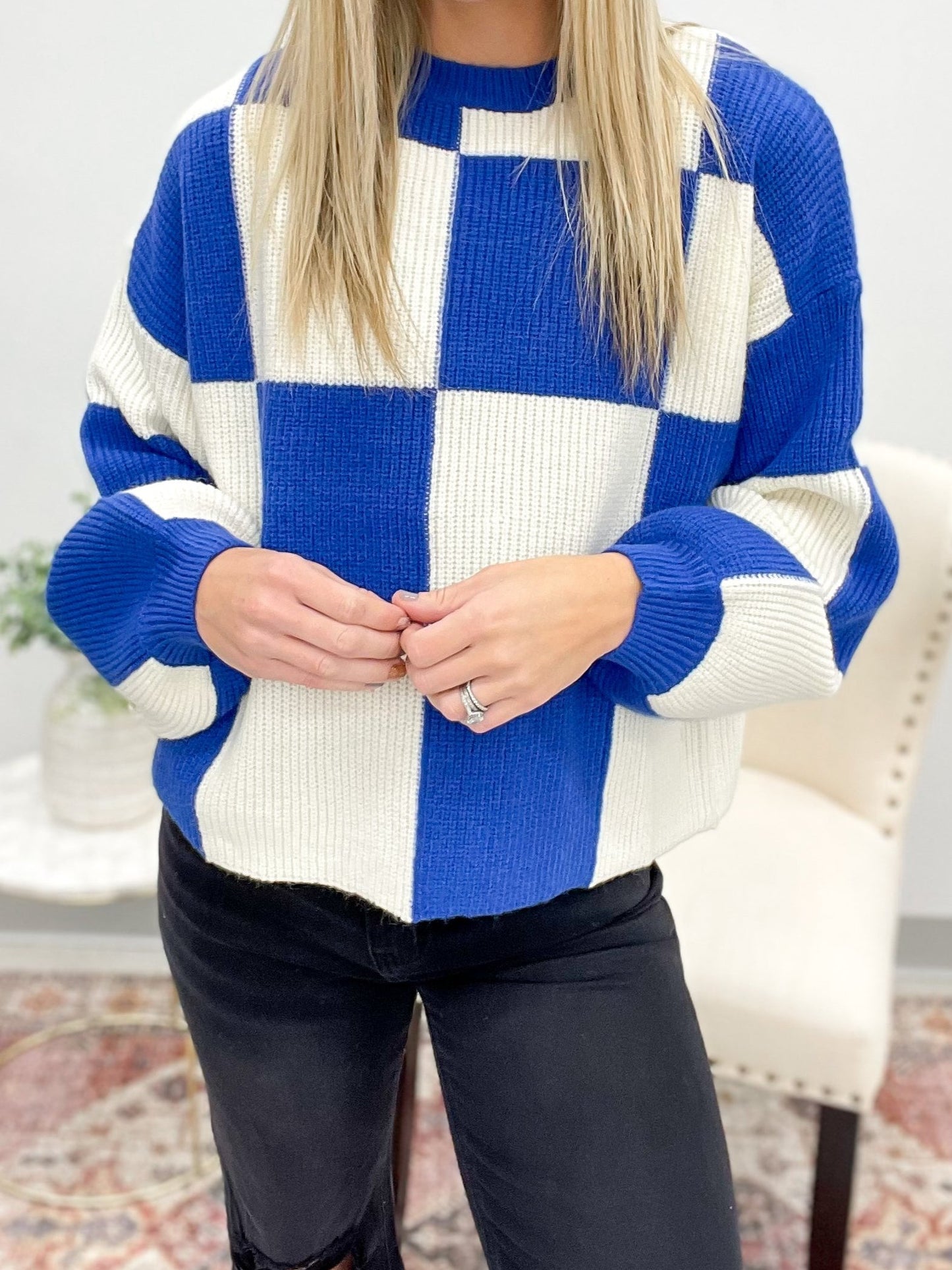 Faster Than You Checker Print Sweater Cobalt Blue