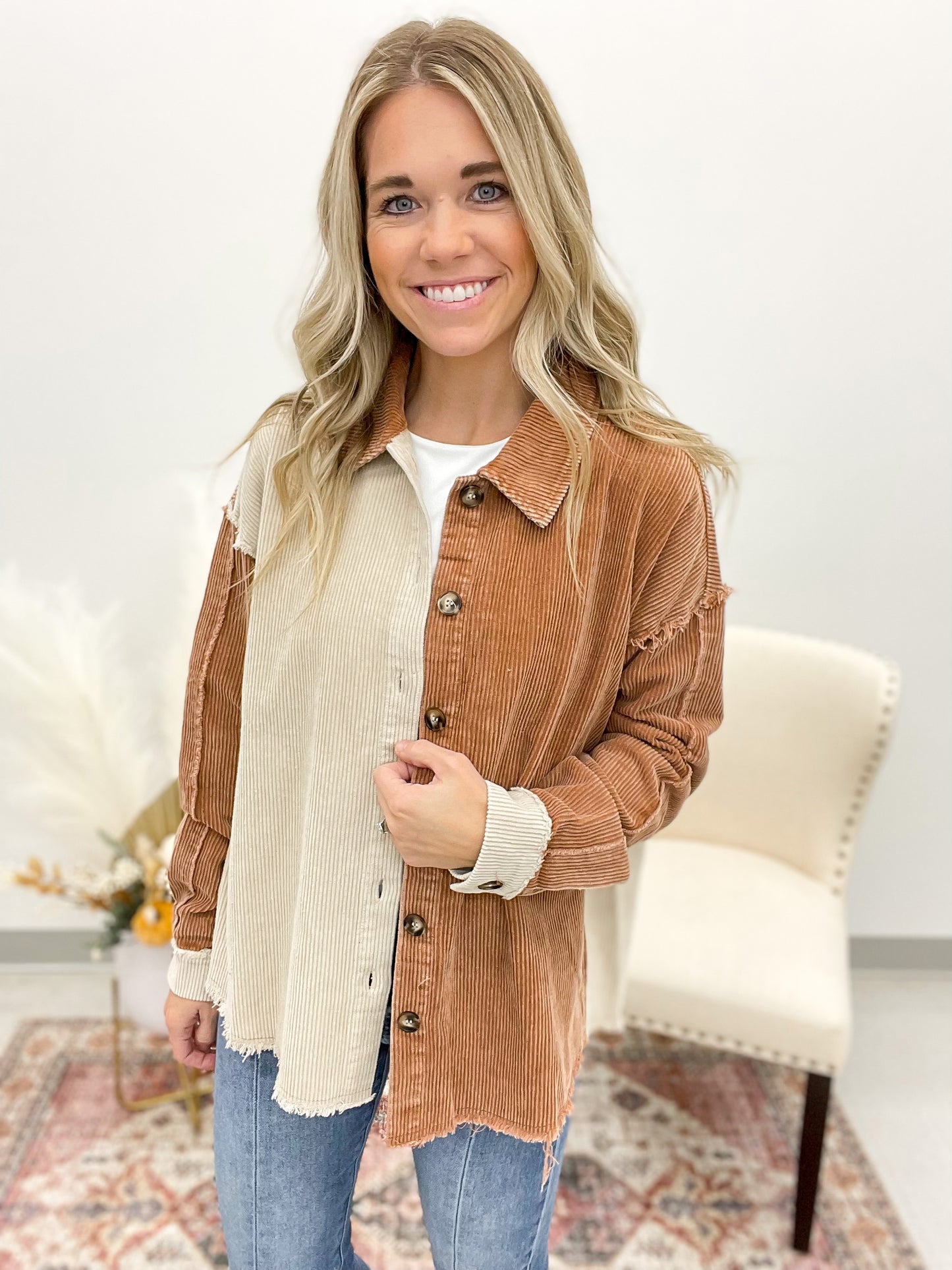 Your Best Side Color Block Corduroy Jacket Stone/Cinnamon Small