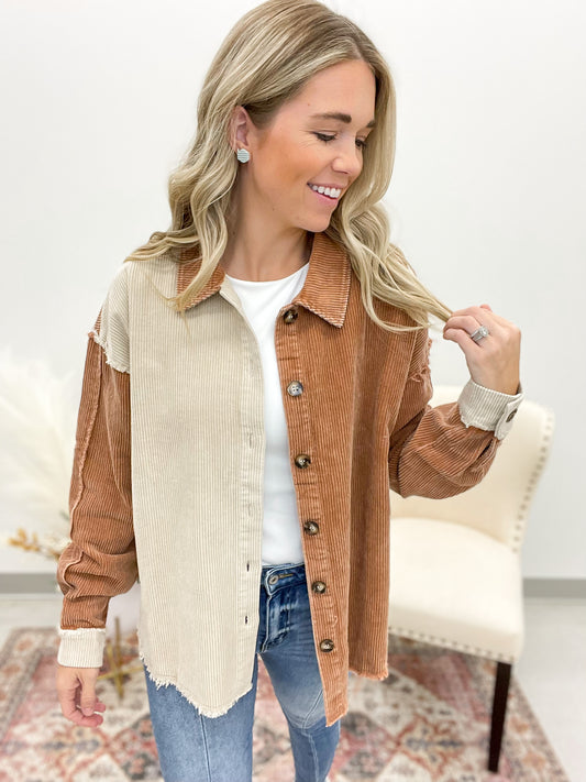 Your Best Side Color Block Corduroy Jacket Stone/Cinnamon Small