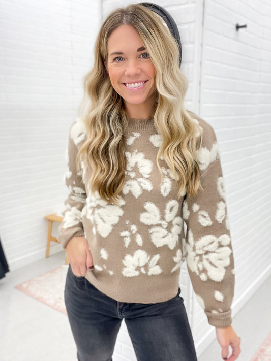 Ever After Floral Distressed Crewneck Sweater Taupe