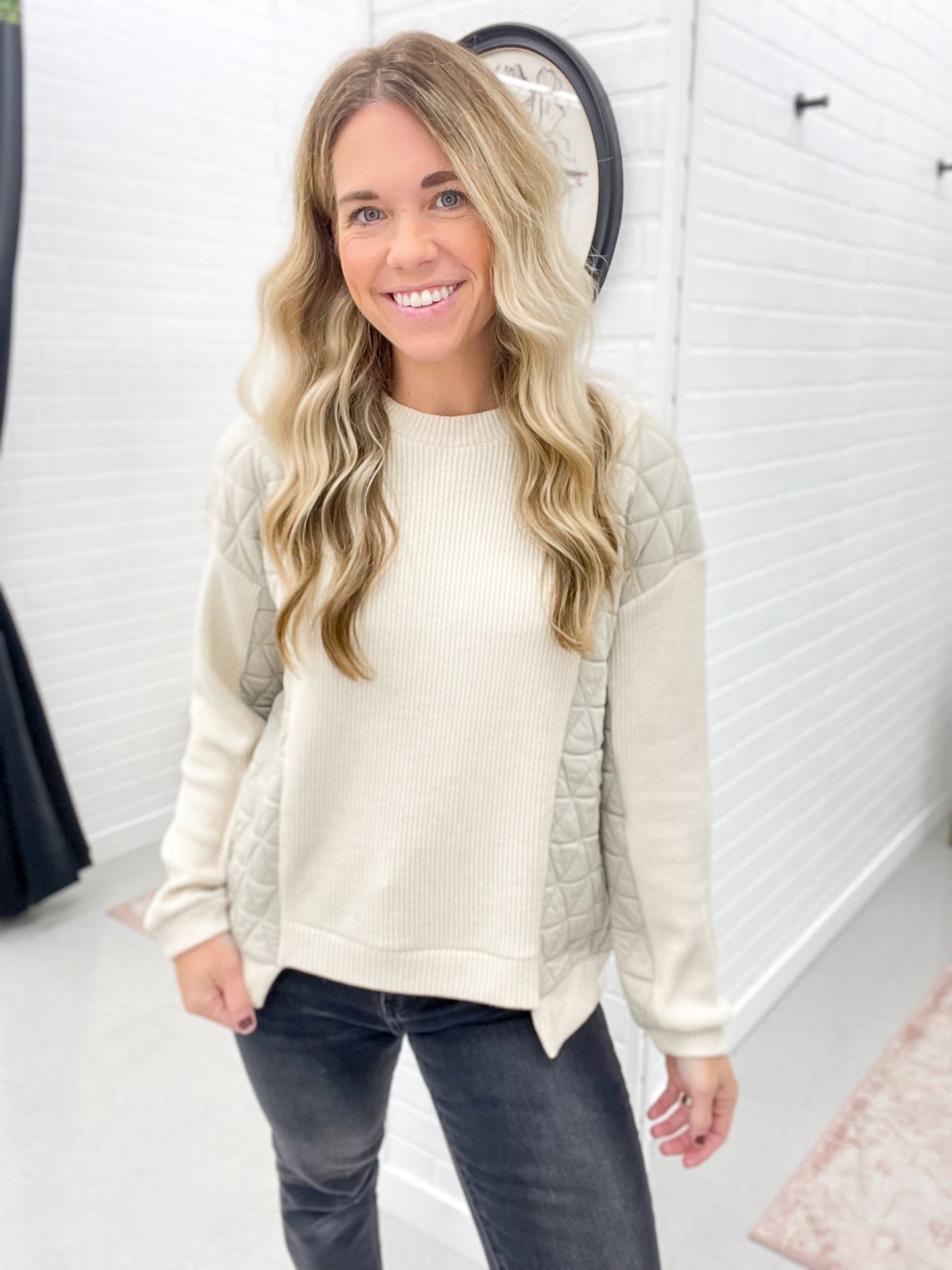 Hidden View Mixed Fabric Crew Neck Top Cream
