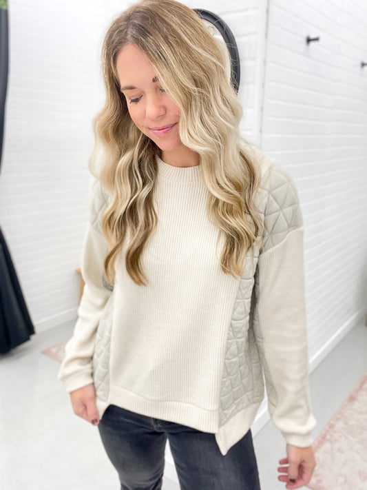 Hidden View Mixed Fabric Crew Neck Top Cream