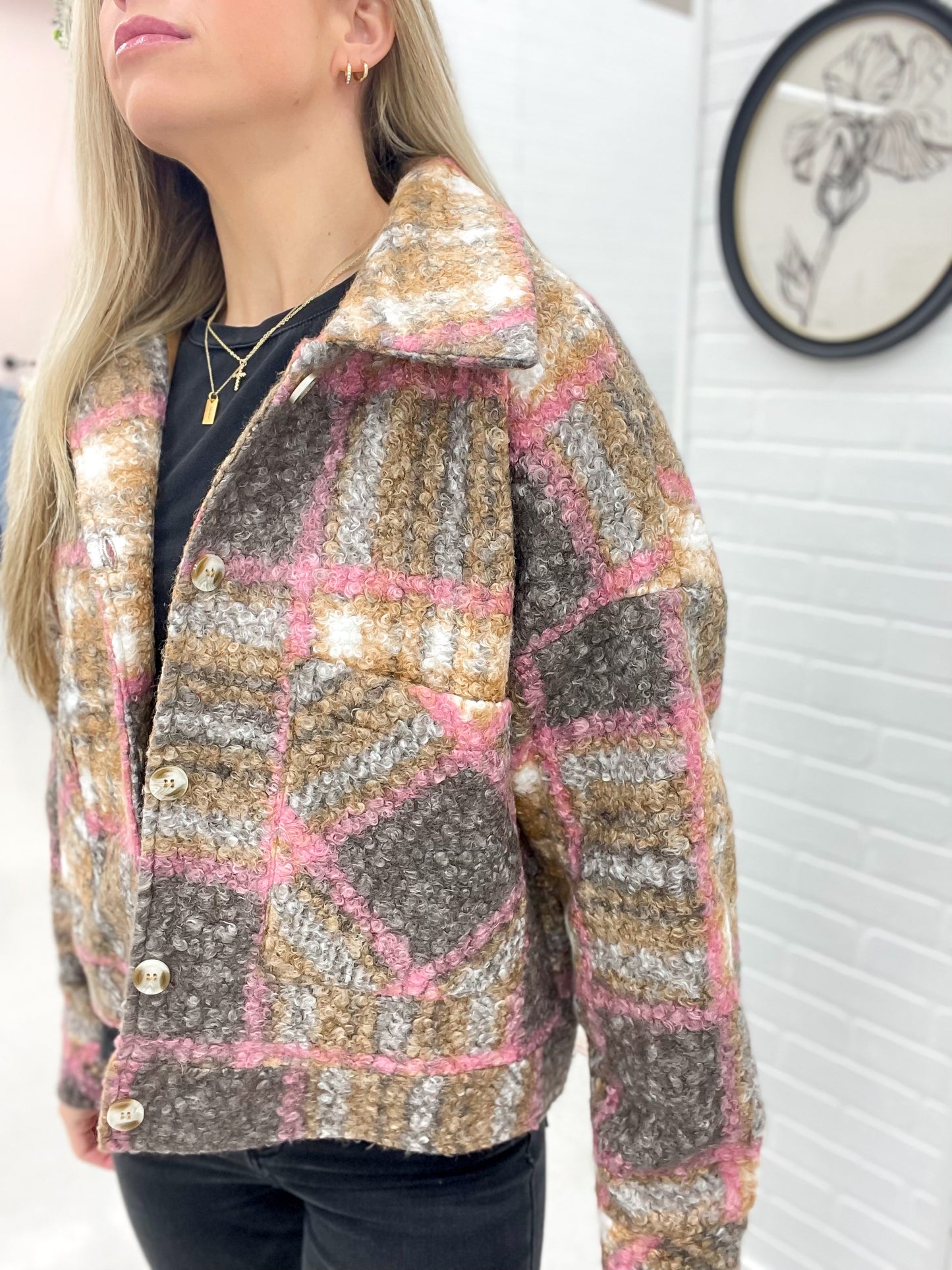 More Than Enough Plaid Teddy Jacket Toffee