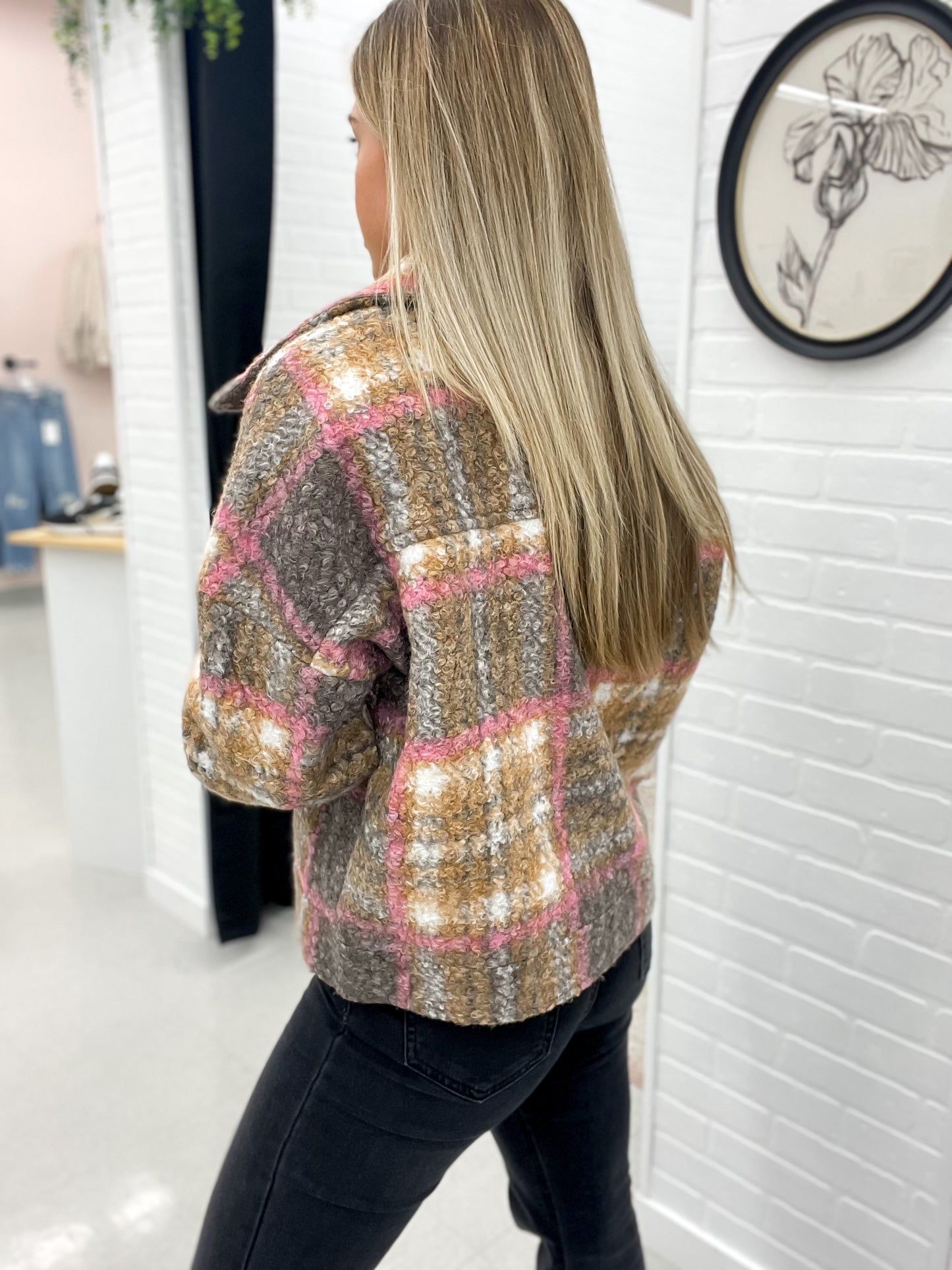 More Than Enough Plaid Teddy Jacket Toffee