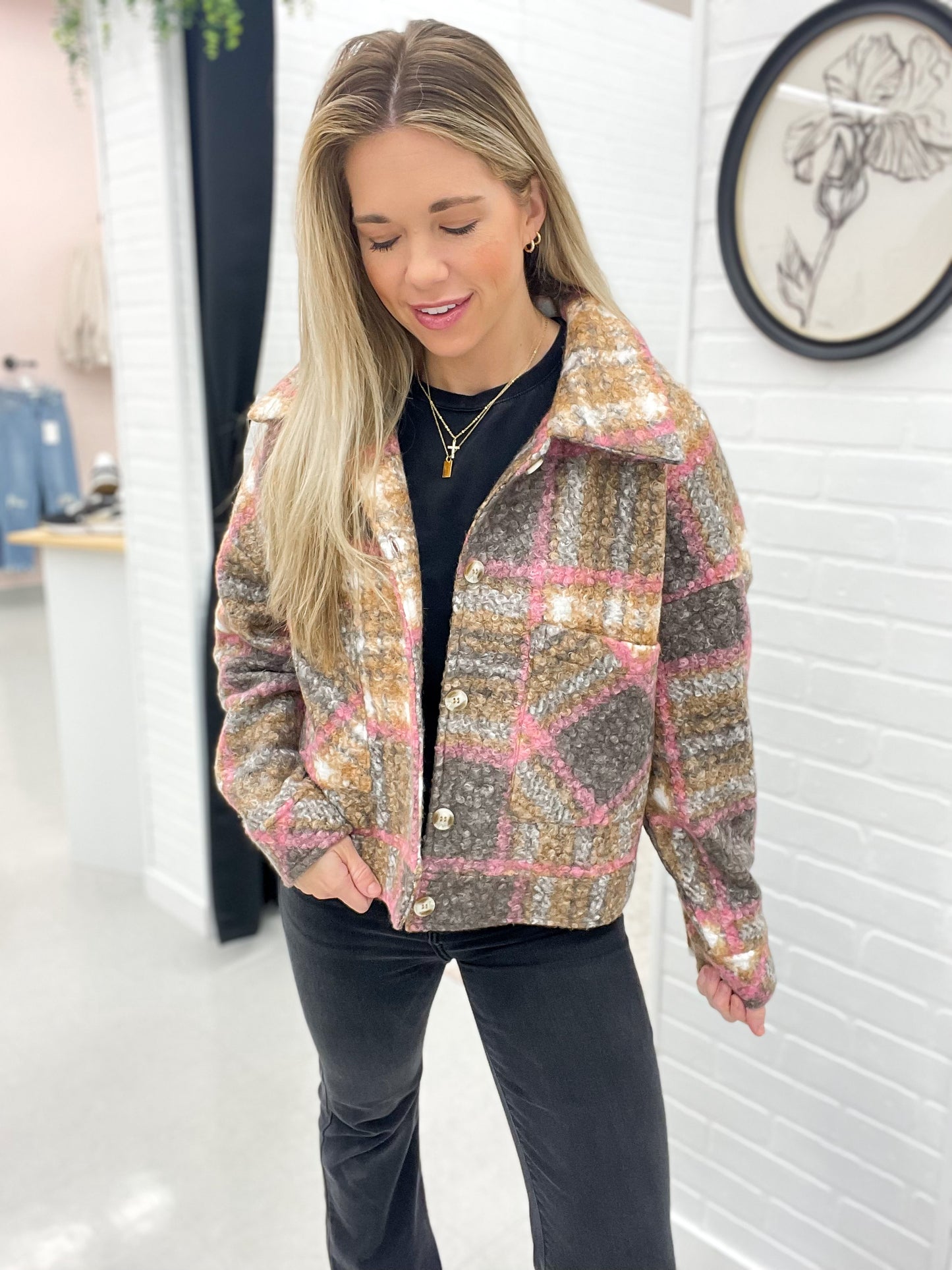 More Than Enough Plaid Teddy Jacket Toffee