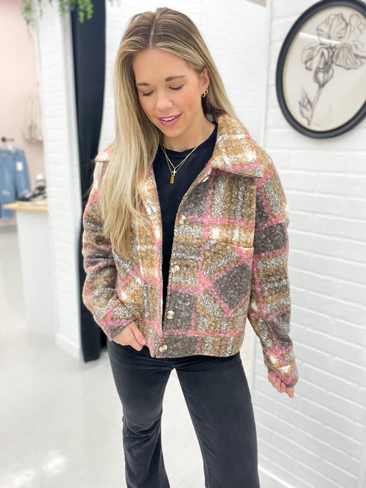 More Than Enough Plaid Teddy Jacket Toffee