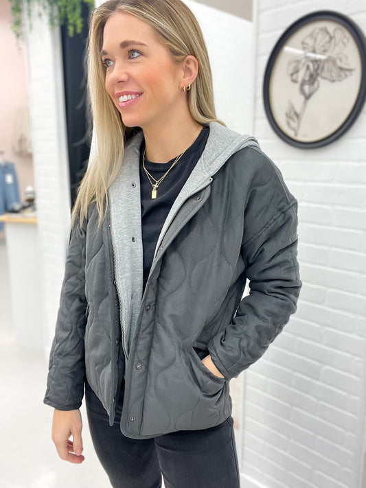 More Than Enough Quilted Button Coat With Hood Insert Charcoal