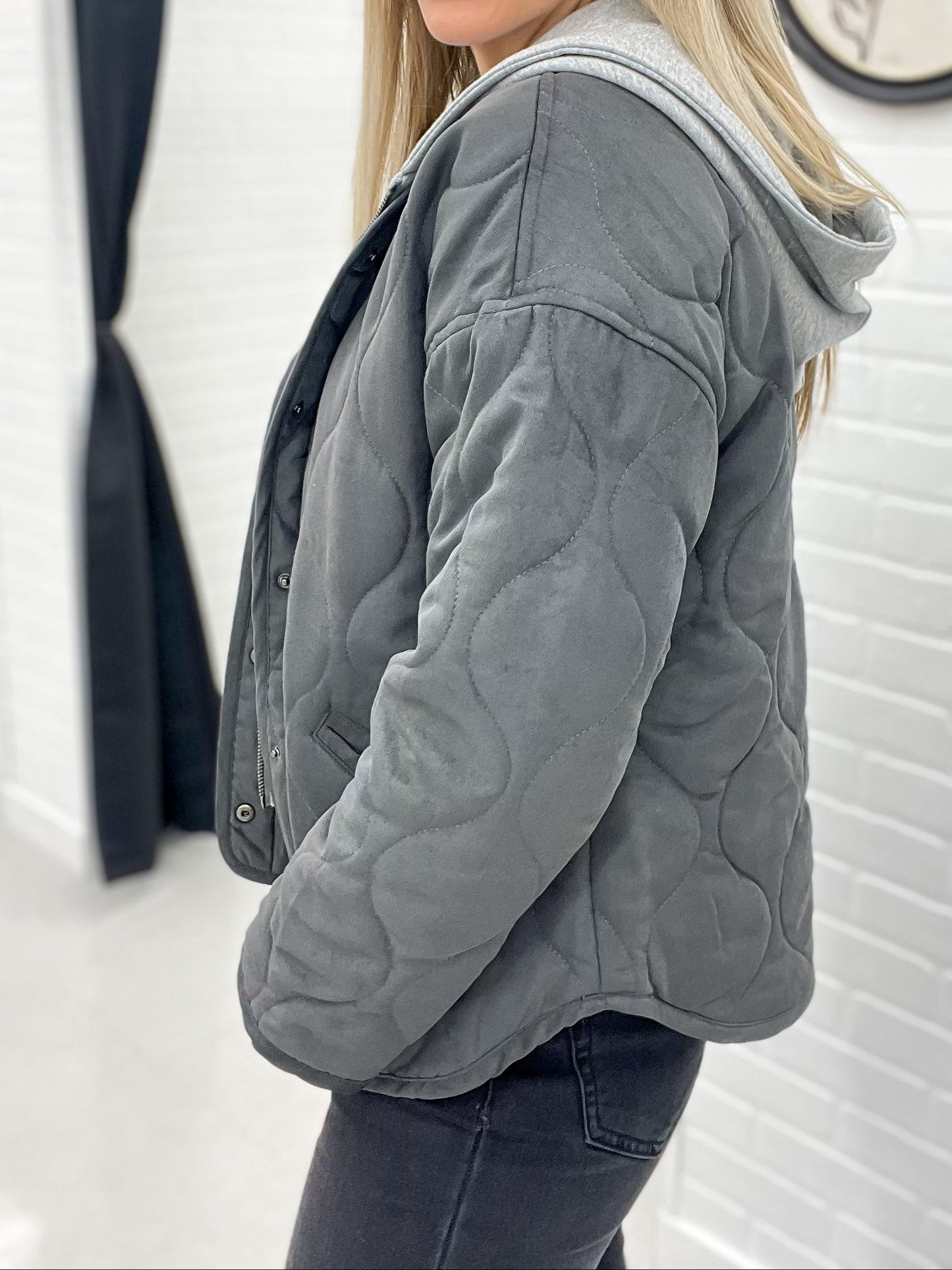 More Than Enough Quilted Button Coat With Hood Insert Charcoal