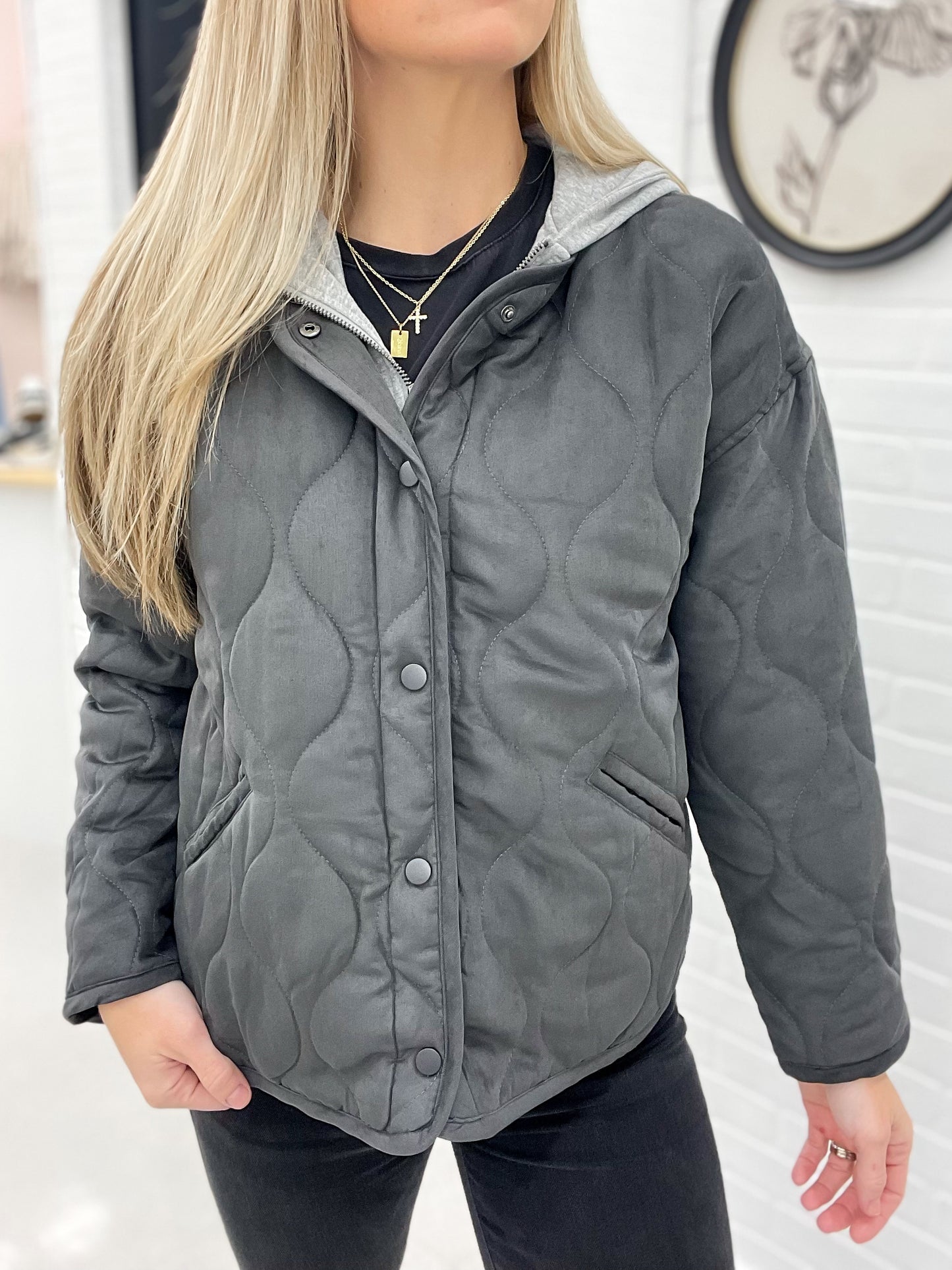 More Than Enough Quilted Button Coat With Hood Insert Charcoal