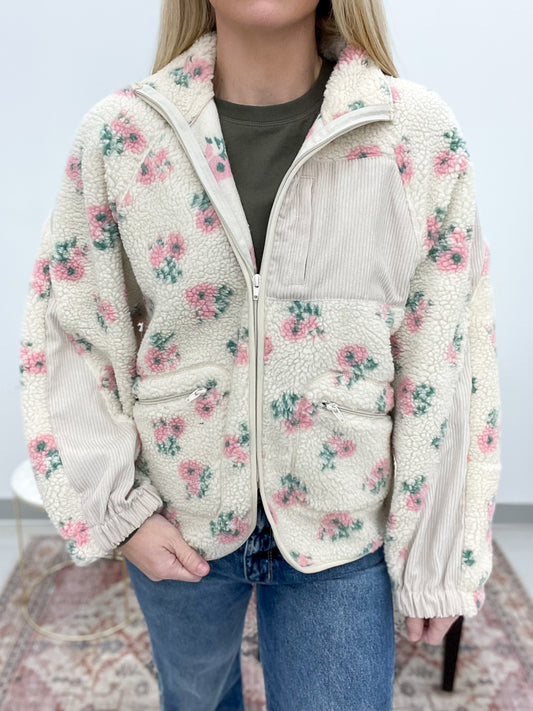 The Blair Floral Detail Sherpa Jacket Cream