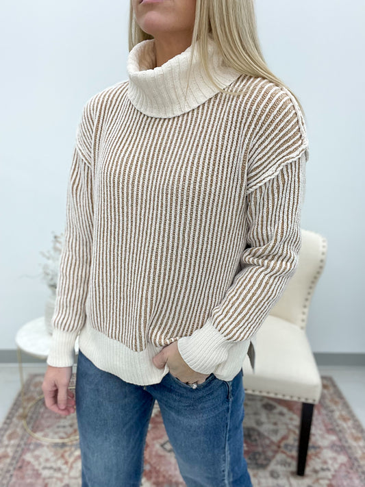 Two-Tone Chenille Turtle Neck Sweater Cream/Taupe