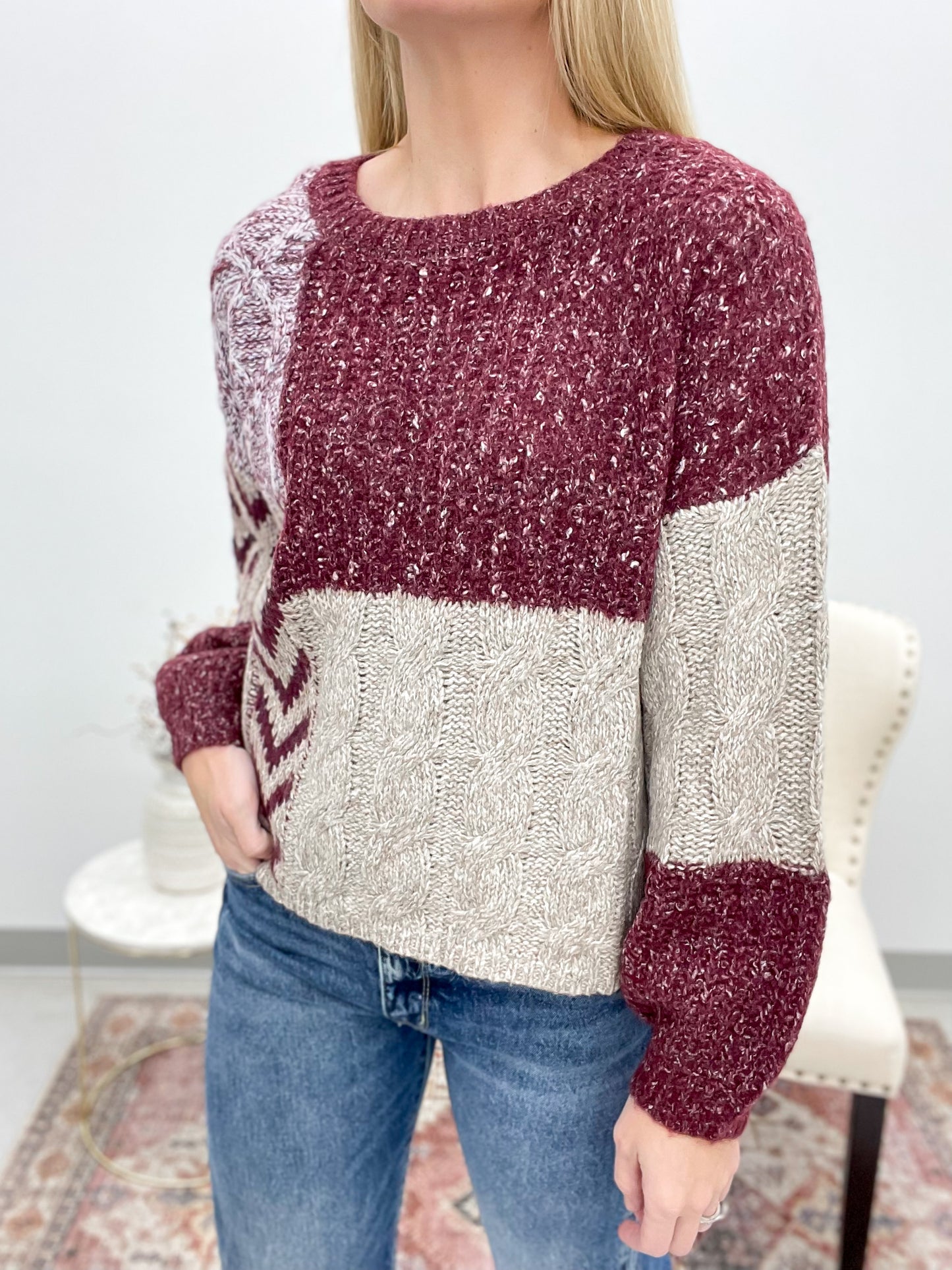 Alpine View Mixed Knit Sweater Wine