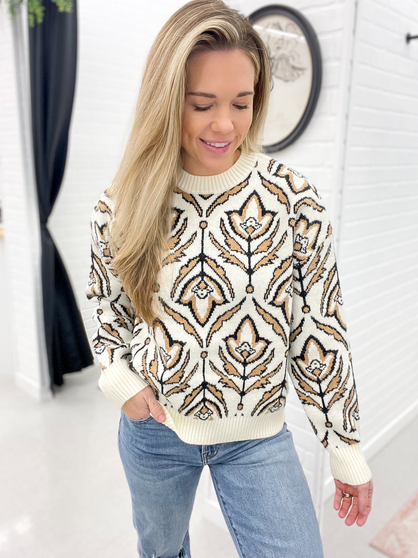 Given Moment Floral Knit Sweater Beige Taupe