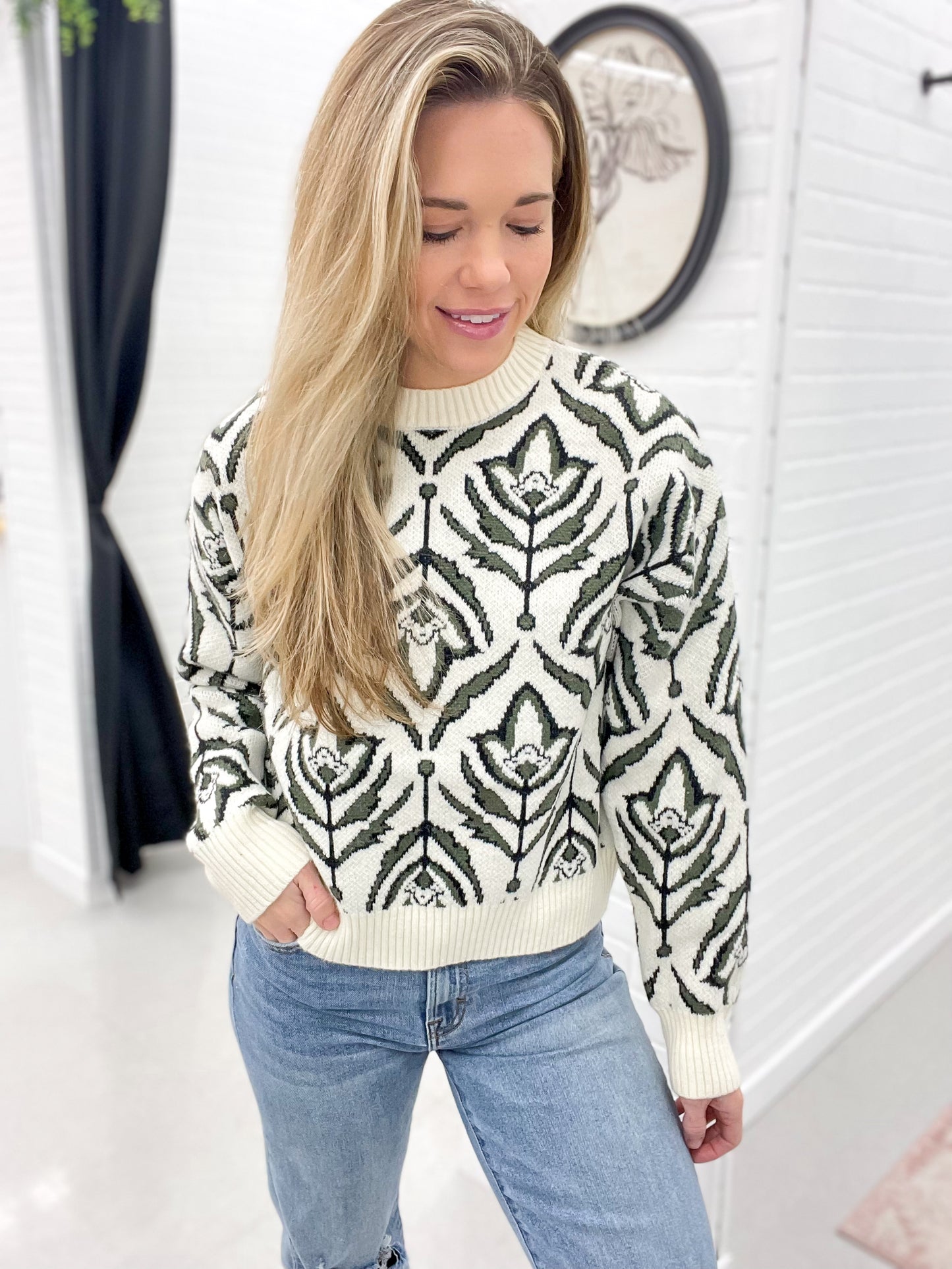 Given Moment Floral Knit Sweater Olive Green