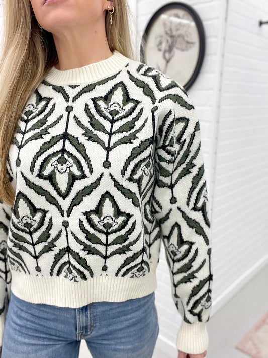 Given Moment Floral Knit Sweater Olive Green