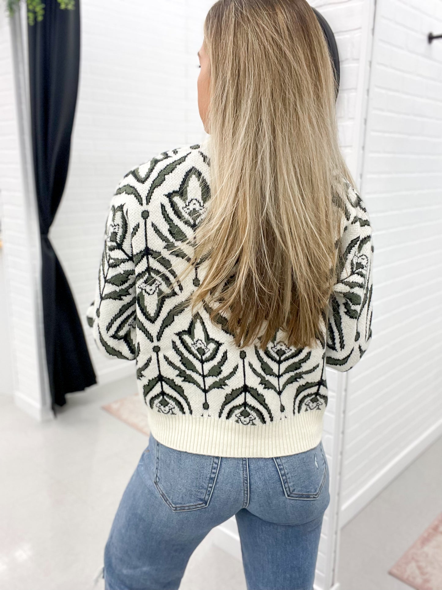 Given Moment Floral Knit Sweater Olive Green