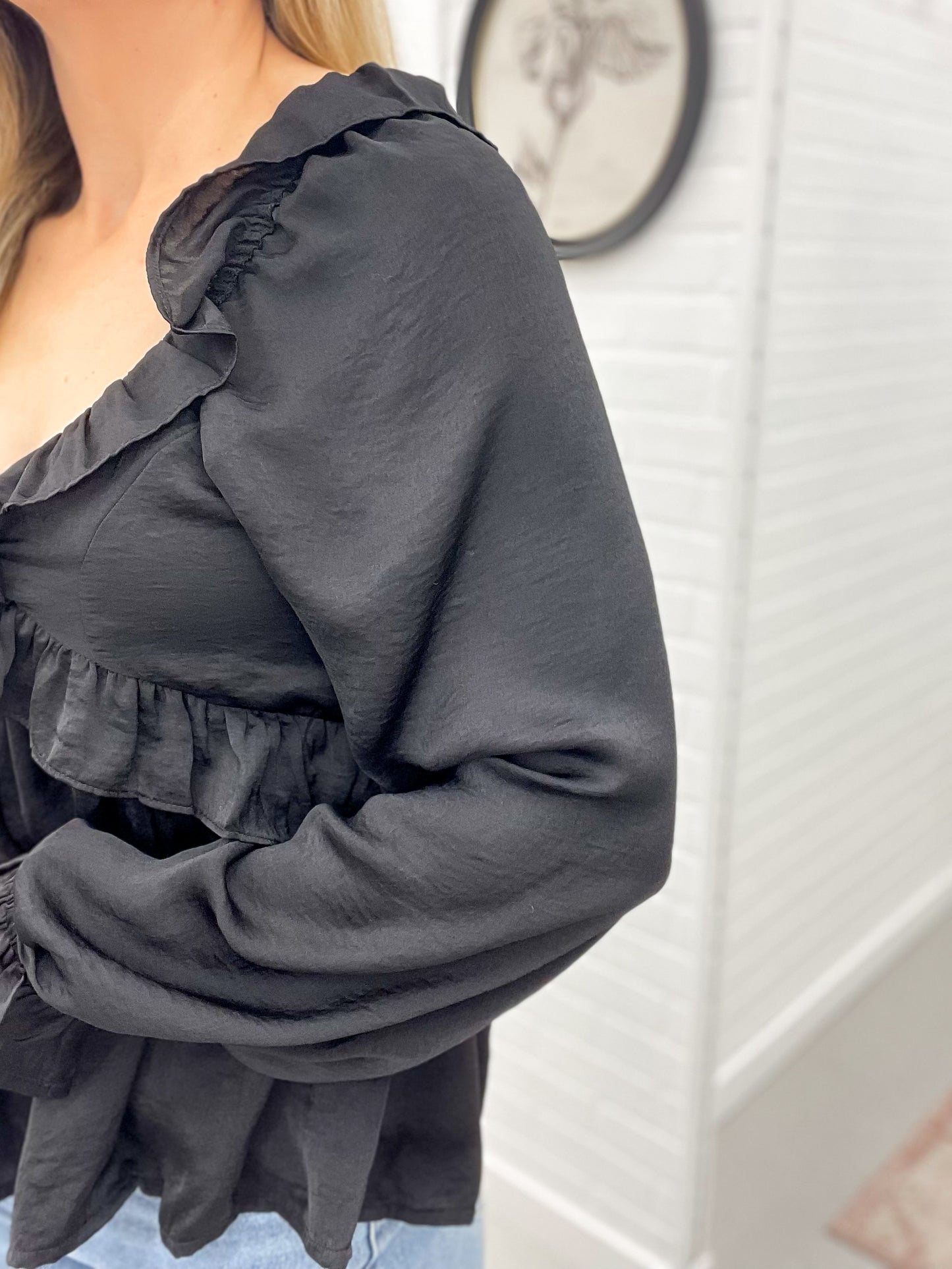Going Out Satin Ruffle Blouse Black