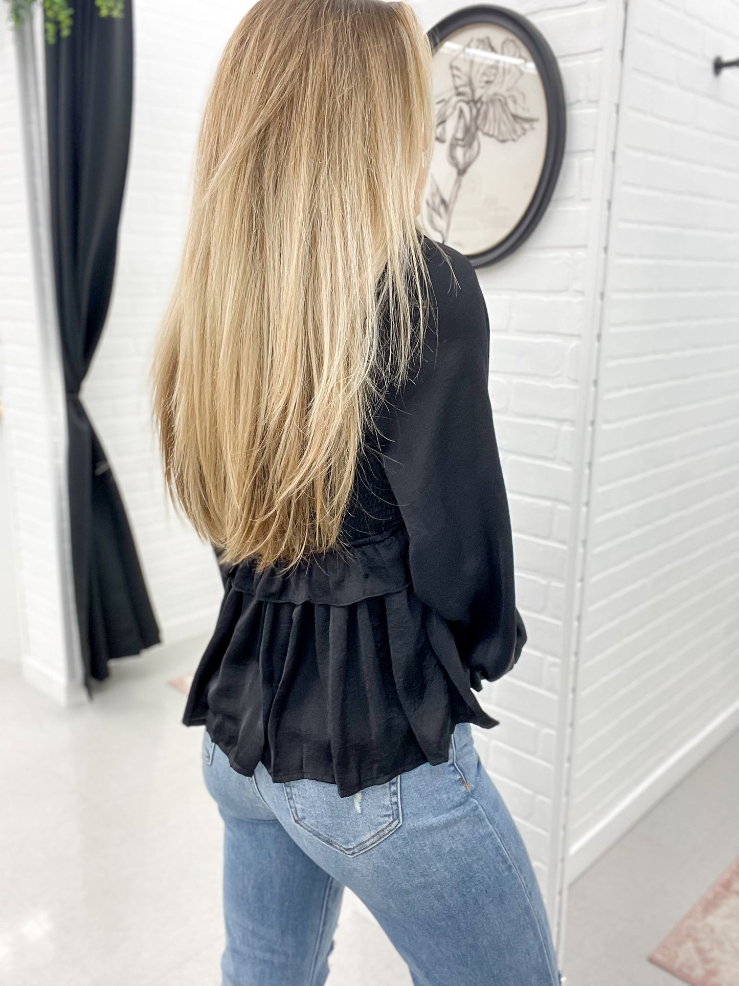 Going Out Satin Ruffle Blouse Black
