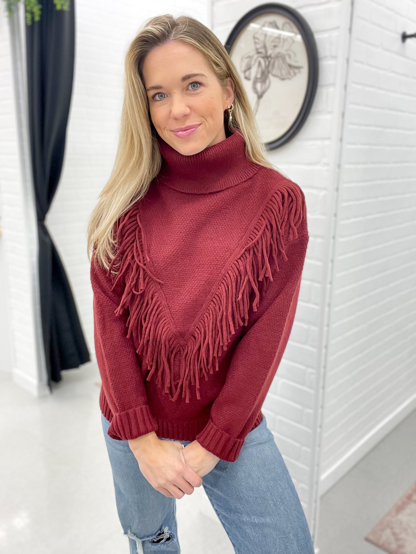Hang Tight Fringe Detail Mock Neck Sweater Burgundy