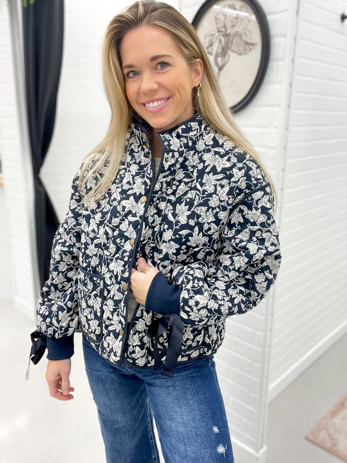 No Mercy Floral Quilted Jacket Navy