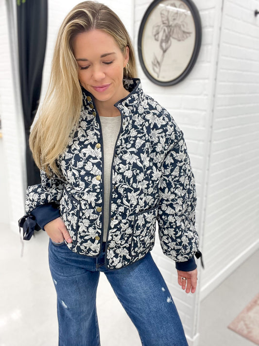 No Mercy Floral Quilted Jacket Navy