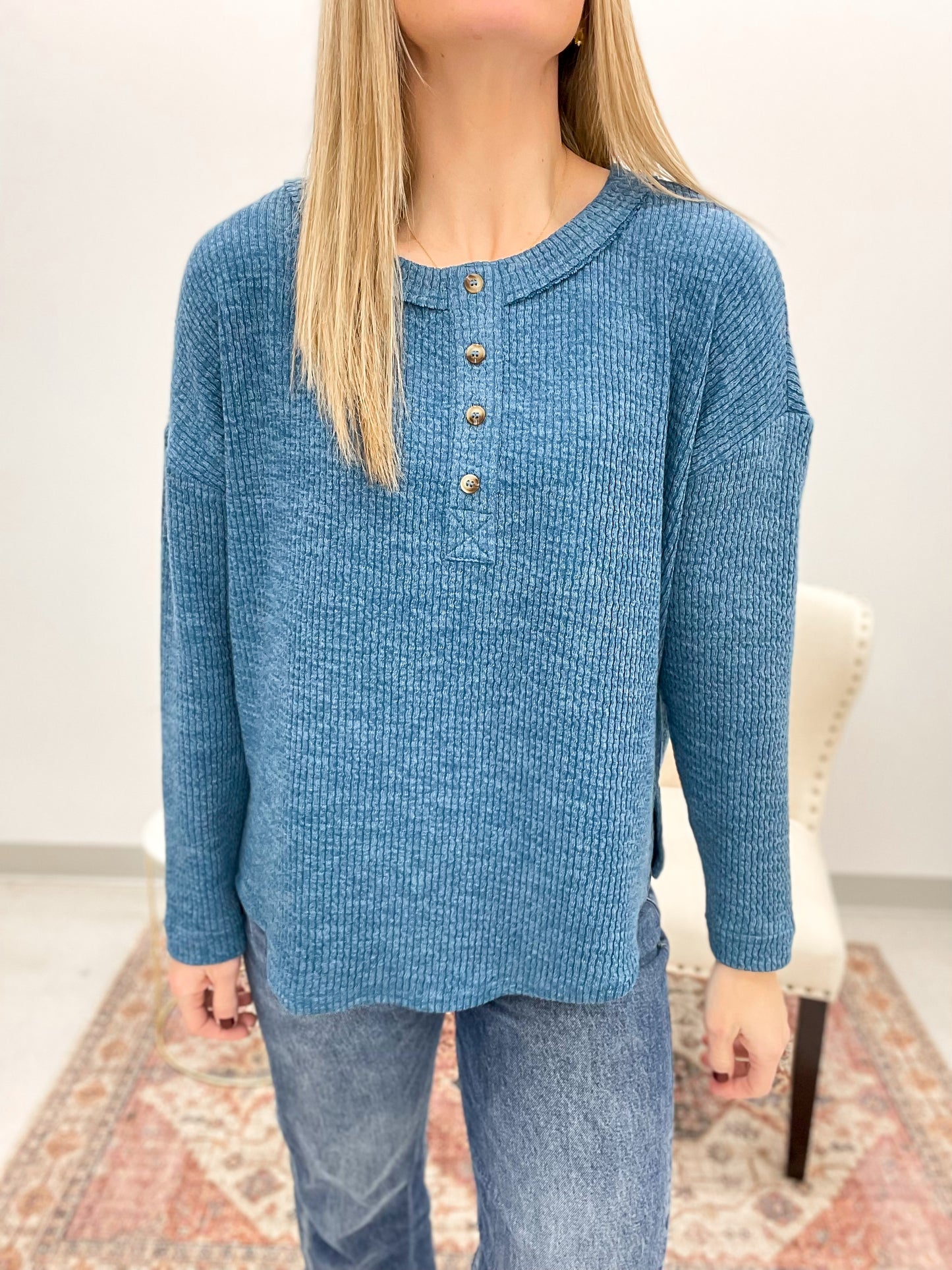 Year End Ribbed Henley Top Teal S-3X