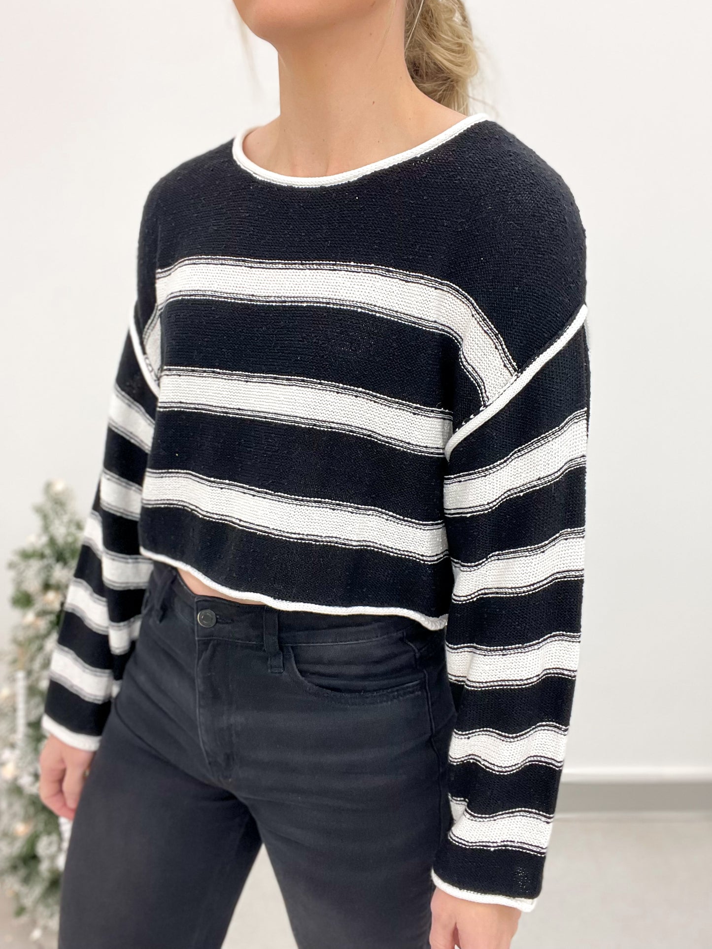 Never Late Striped Knit Crop Sweater Black/Cream