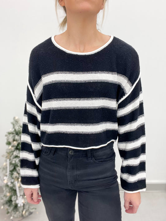 Never Late Striped Knit Crop Sweater Black/Cream