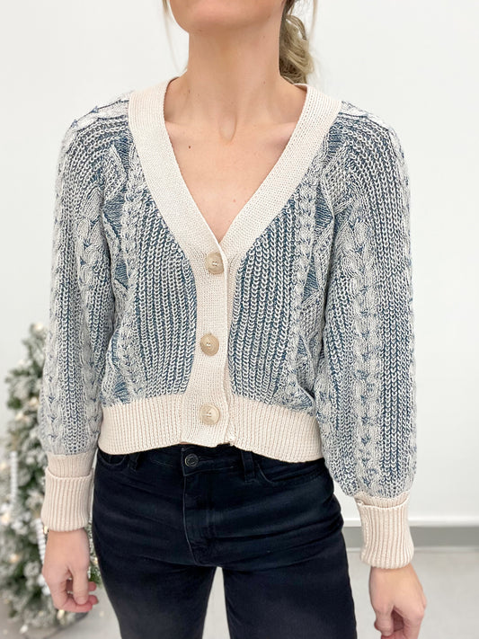 Something Blue Mixed Knit Woven Cardigan